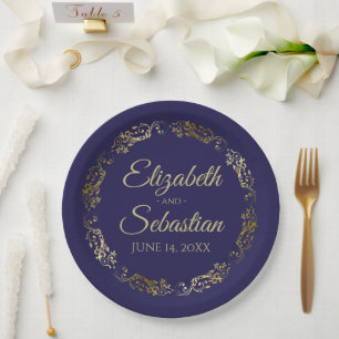 Elegante Border Navy Blue & Gold Wedding Papieren Bordje