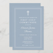 Elegante border stoffig blauw eerste heilige commu kaart (Voorkant / Achterkant)