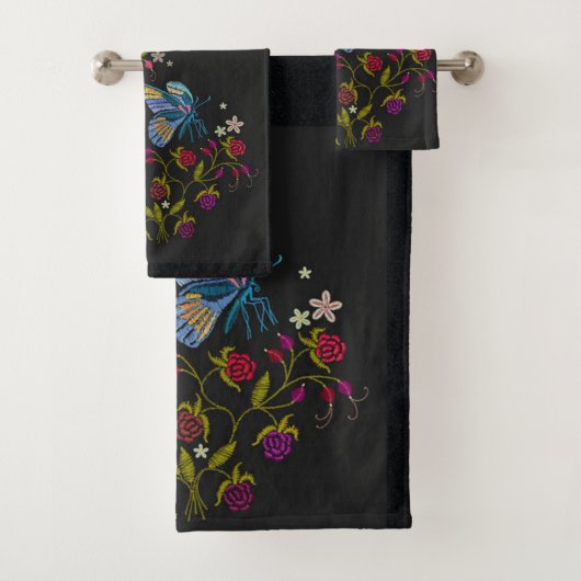 Elegante borduurstijl patroon bloemen vlinder bad handdoek (Insitu)