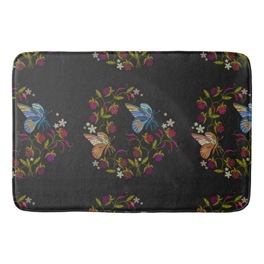 Elegante borduurstijl patroon bloemen vlinder badmat (Voorkant)