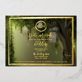 Elegante Bos Bloemenvazen Lichtjes Bruiloft Goud Folie Uitnodiging