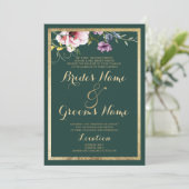 Elegante bos groen goud roze bloemen bruiloft kaart (Staand voorkant)