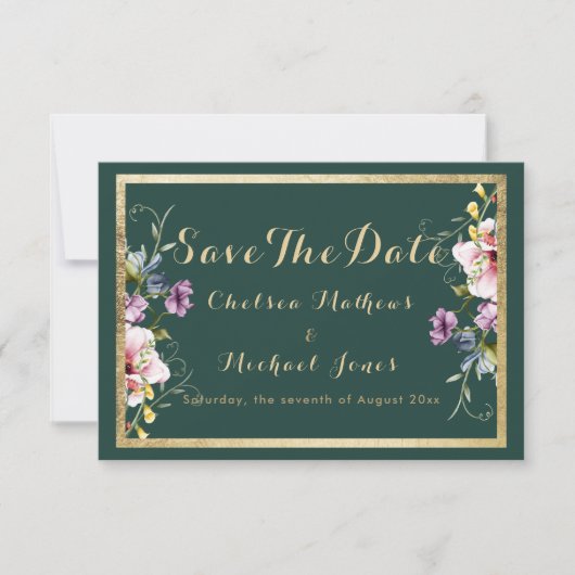 Elegante bos groen goud roze flora Save The Date (Voorkant)