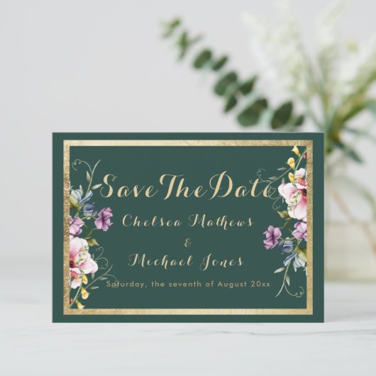 Elegante bos groen goud roze flora Save The Date (Staand voorkant)