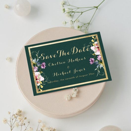 Elegante bos groen goud roze flora Save The Date