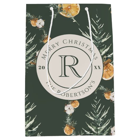 Elegante Bos Groene Waterverf Winter Monogram Medium Cadeauzakje (Voorkant)