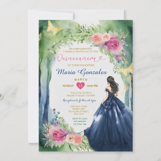 Elegante bos marine blauwe jurk Floral Quinceañera Kaart (Voorkant)