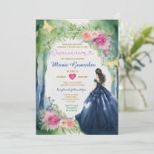 Elegante bos marine blauwe jurk Floral Quinceañera Kaart (Staand voorkant)