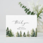 Elegante bos pijnbomen baby shower dank u kaart (Staand voorkant)