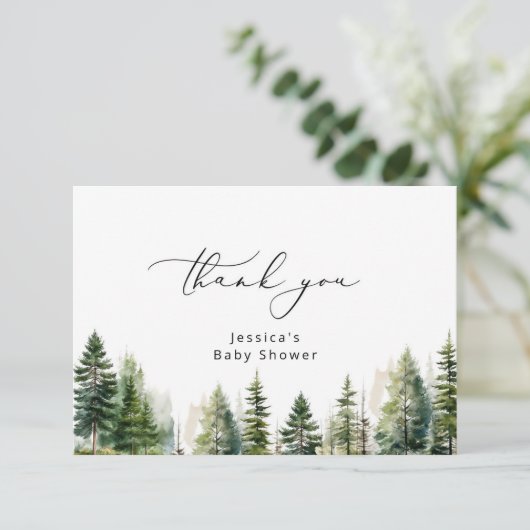 Elegante bos pijnbomen baby shower dank u kaart (Staand voorkant)