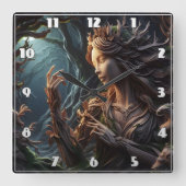 Elegante bosgeest gesneden uit hout bij zonsonderg vierkante klok (Voorkant)