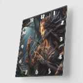 Elegante bosgeest gesneden uit hout bij zonsonderg vierkante klok (Hoek)