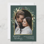 Elegante bosgroene gouden boog sneeuw overlay foto feestdagenkaart (Voorkant)