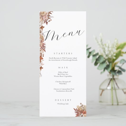 Elegante Botanicals Herfst Bloemen Bruiloft Menu (Staand voorkant)