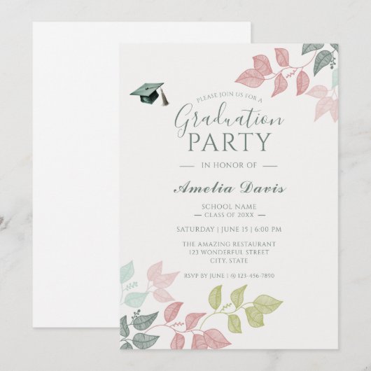 Elegante botanische afstudeerfeest uitnodiging (Voorkant / Achterkant)