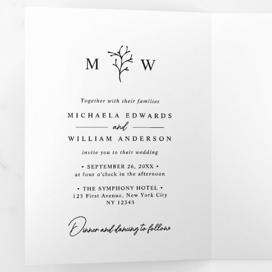 Elegante botanische alles-in-één QR-code bruiloft Drieluik Uitnodiging (Binnenzijde eerst)