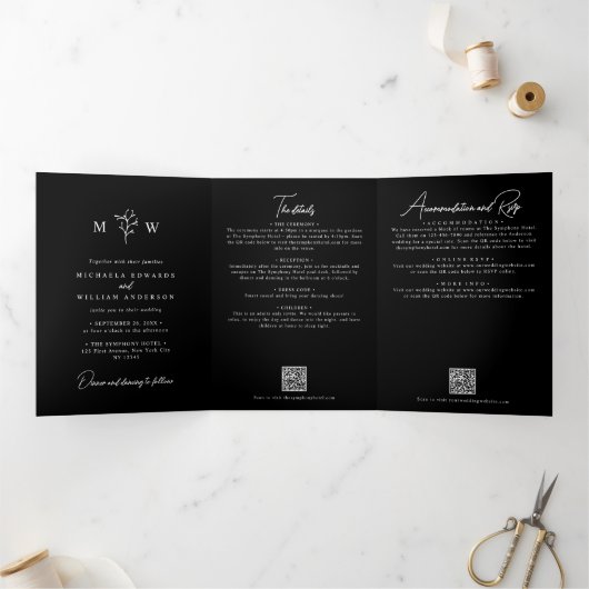 Elegante botanische alles-in-één QR-code bruiloft Drieluik Uitnodiging (Binnen)