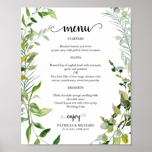 Elegante botanische aquarel groen weddingmenu poster (Voorkant)