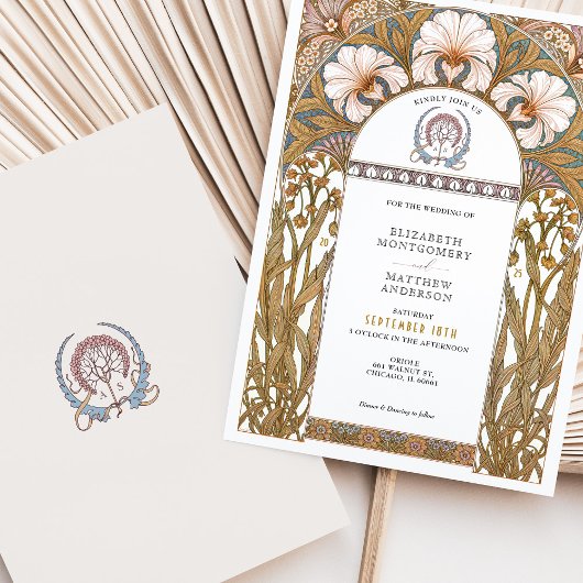 Elegante botanische art nouveau bloemenbruiloft kaart