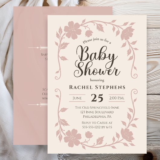 Elegante botanische babyshower roze uitnodiging