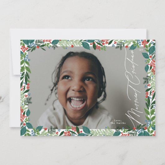 Elegante Botanische Berry lijst Kerstmis Foto Feestdagenkaart (Voorkant)