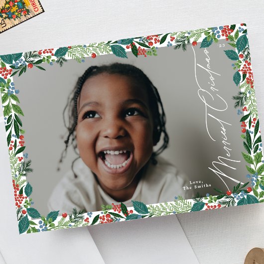 Elegante Botanische Berry lijst Kerstmis Foto Feestdagenkaart