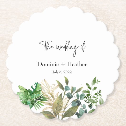 Elegante Botanische Blad Bruiloft Uitnodiging Kartonnen Onderzetters (Voorkant)