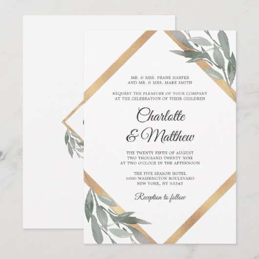 Elegante Botanische Blad Groen Gouden Folie Bruilo Kaart (Voorkant / Achterkant)