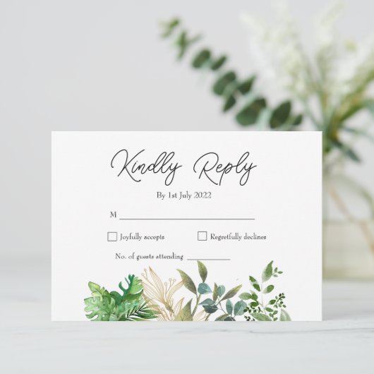 Elegante botanische blad-huwelijksuitnodiging RSVP kaartje (Staand voorkant)