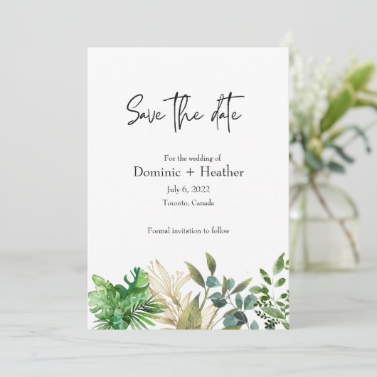 Elegante botanische blad-huwelijksuitnodiging save the date (Staand voorkant)