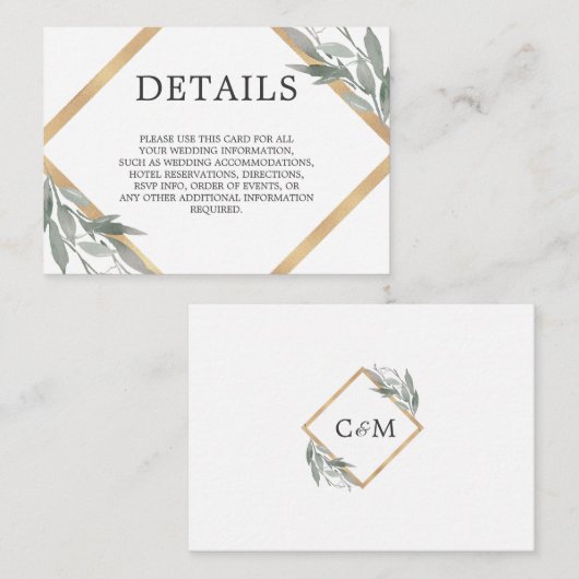 Elegante Botanische bladeren Gouden folie Bruiloft Informatiekaartje (Voorkant / Achterkant)