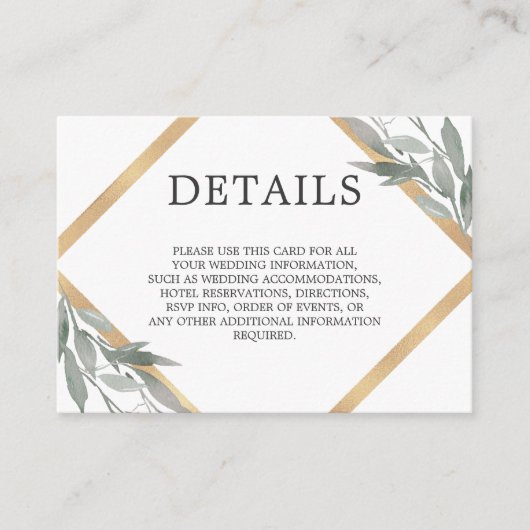 Elegante Botanische bladeren Gouden folie Bruiloft Informatiekaartje (Voorkant)