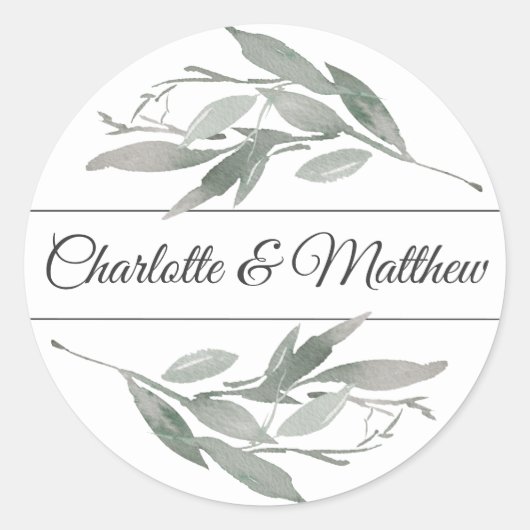 Elegante Botanische bladeren Sage Bruiloft Ronde Sticker (Voorkant)