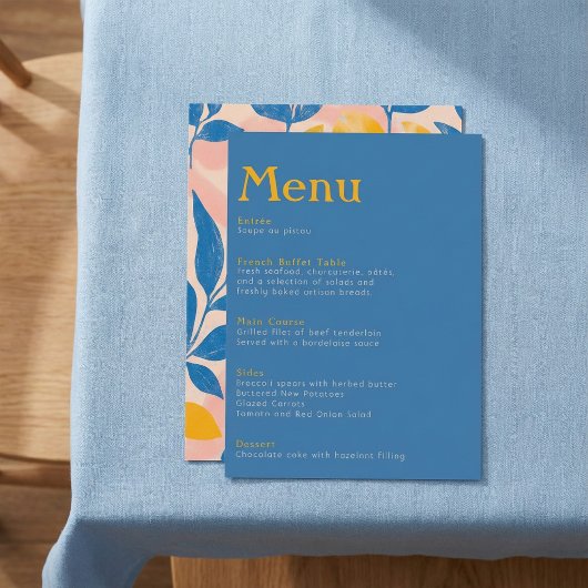 Elegante Botanische blauwe en gele groene bruiloft Menu