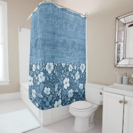 Elegante Botanische Blauwe Faux Denim look half N  Douchegordijn