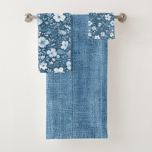 Elegante Botanische Blauwe Faux Denim look handdoe Bad Handdoek (Insitu)