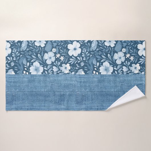 Elegante Botanische Blauwe Faux Denim look handdoe Badhanddoek (Badhanddoek)