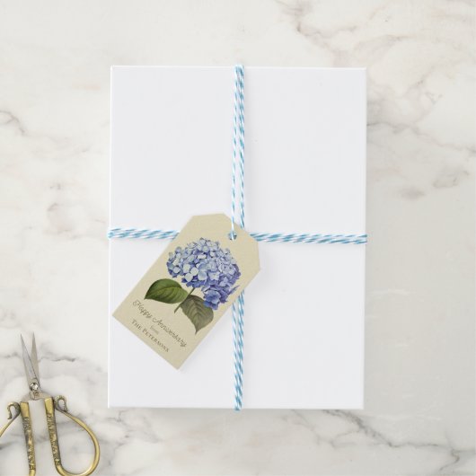 Elegante  Botanische Blauwe Hydrangea Bloem Cadeaulabel (Met Touw)