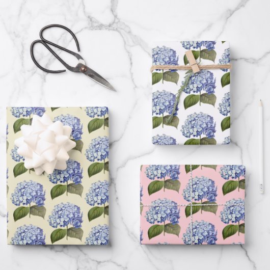 Elegante Botanische Blauwe Hydrangea Bloem Inpakpapier Vel (Voorkant)