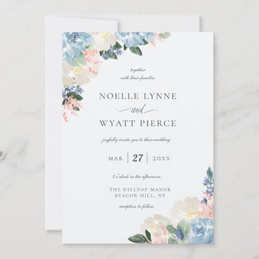 Elegante Botanische Bloemen Lichtblauwe Bruiloft Kaart (Voorkant)