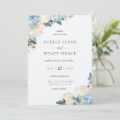 Elegante Botanische Bloemen Lichtblauwe Bruiloft Kaart (Staand voorkant)