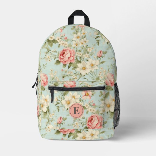 Elegante Botanische Bloemen Meisjes Monogram Bedrukte Rugzak (Voorkant)