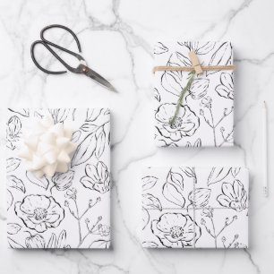 Elegante Botanische Bloemen Zwart en Wit Inpakpapier Vel