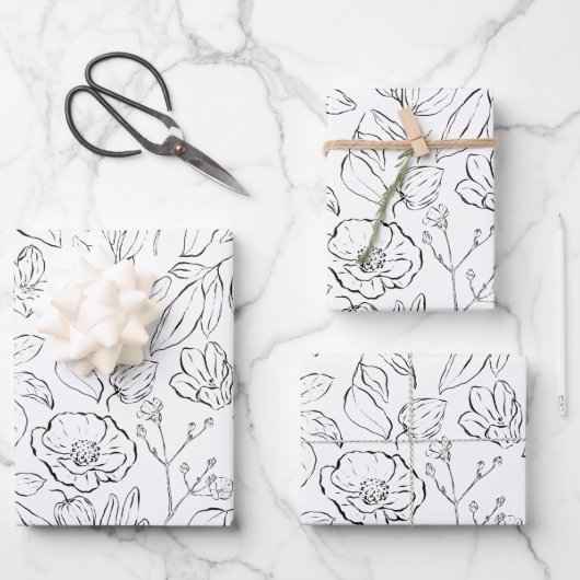 Elegante Botanische Bloemen Zwart en Wit Inpakpapier Vel (Voorkant)