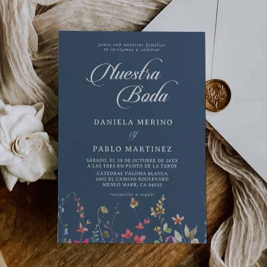 Elegante Botanische Bloemige Nuestra Boda Bruiloft Kaart