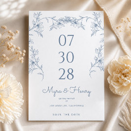Elegante botanische bloemige stoffige blauwe trouw save the date