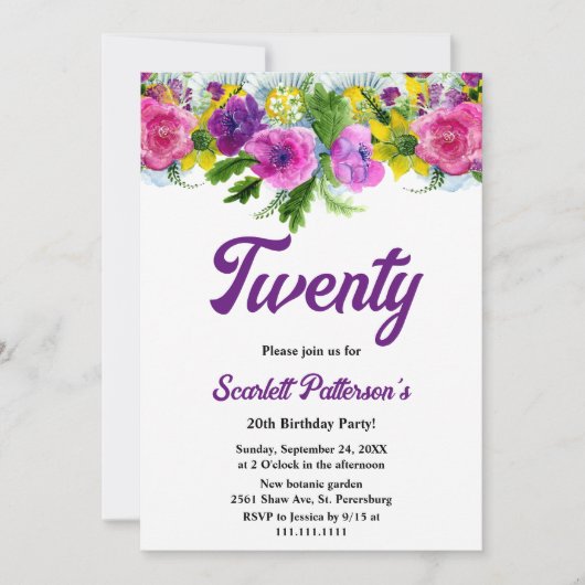 Elegante Botanische Bloom Rozen Bloemen 20e Verjaa Kaart (Voorkant)