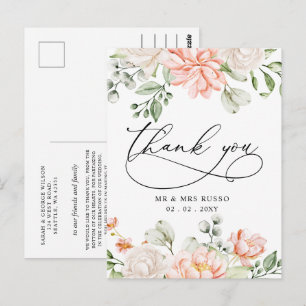 Elegante botanische blozende roze bloemige bedankj briefkaart