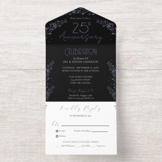 Elegante Botanische Branch Echte Folie 25-jarig ju All In One Uitnodiging (Binnenkant)