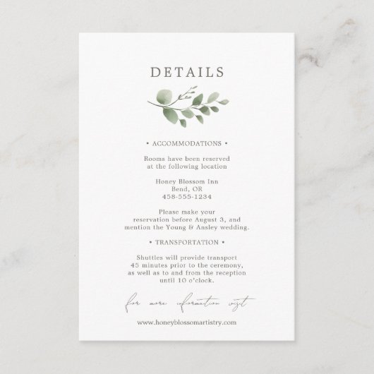 Elegante botanische bruiloft details informatiekaartje (Voorkant)
